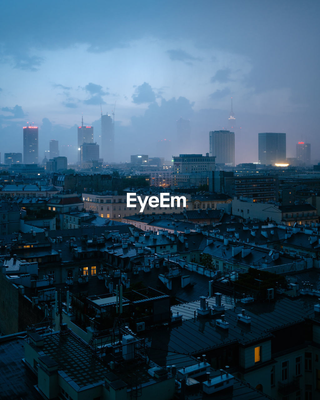 High angle cityscape during a storm