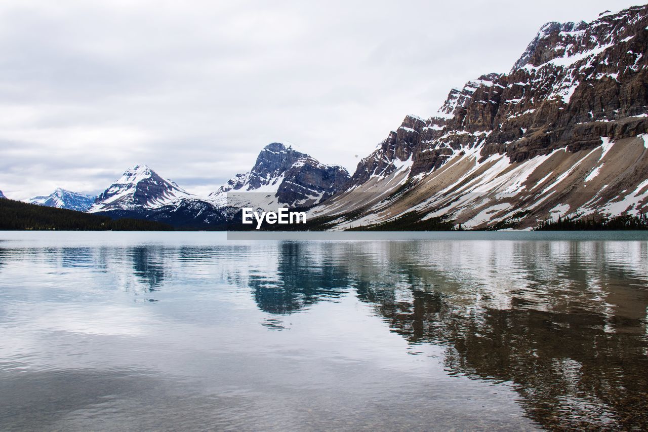 Scenic view of lake and snowcapped mountains against sky