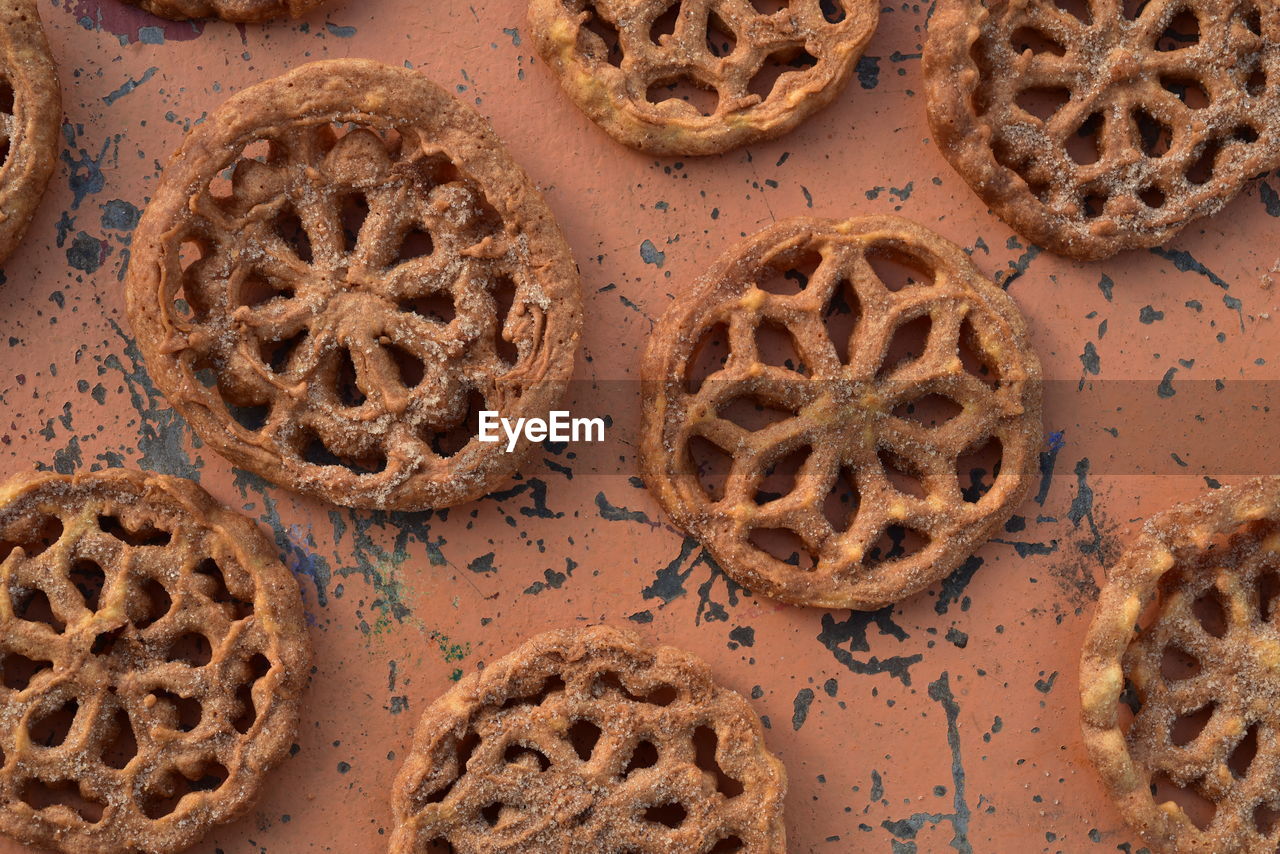 Crispy sugar coated mexican pastries or cookies called bunuelos