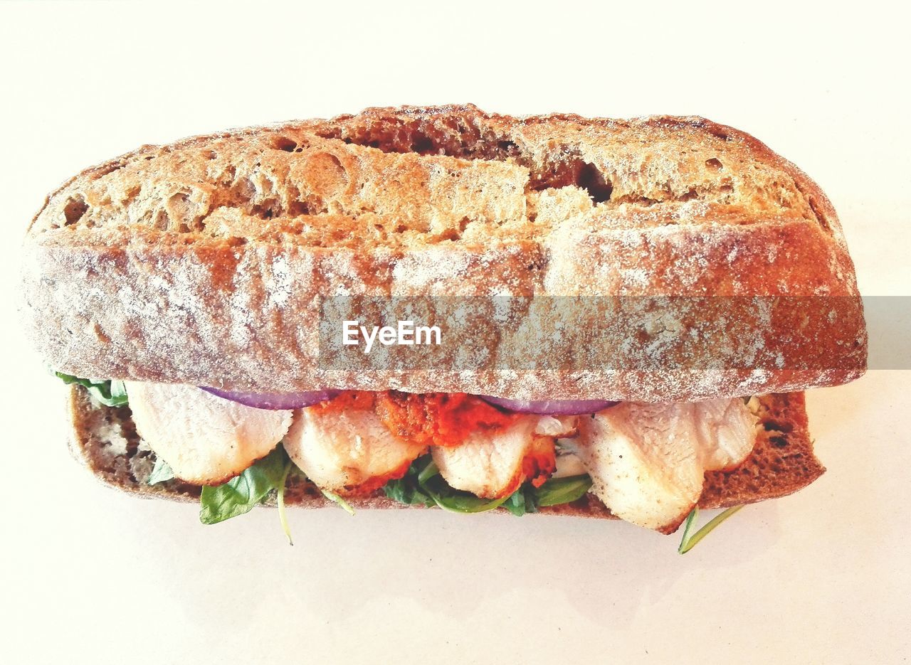 Close-up of sandwich on white background