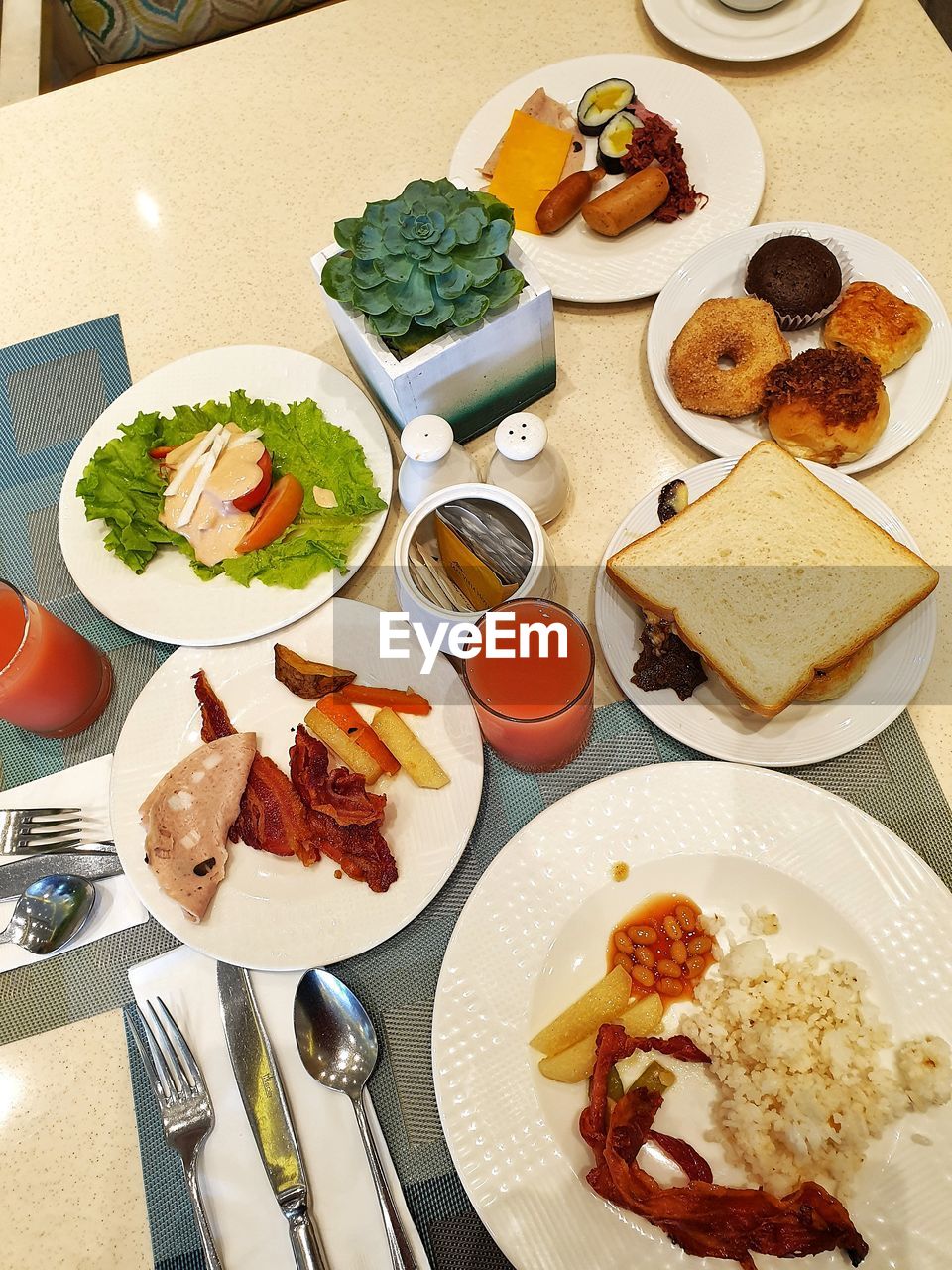 High angle view of breakfast served on table