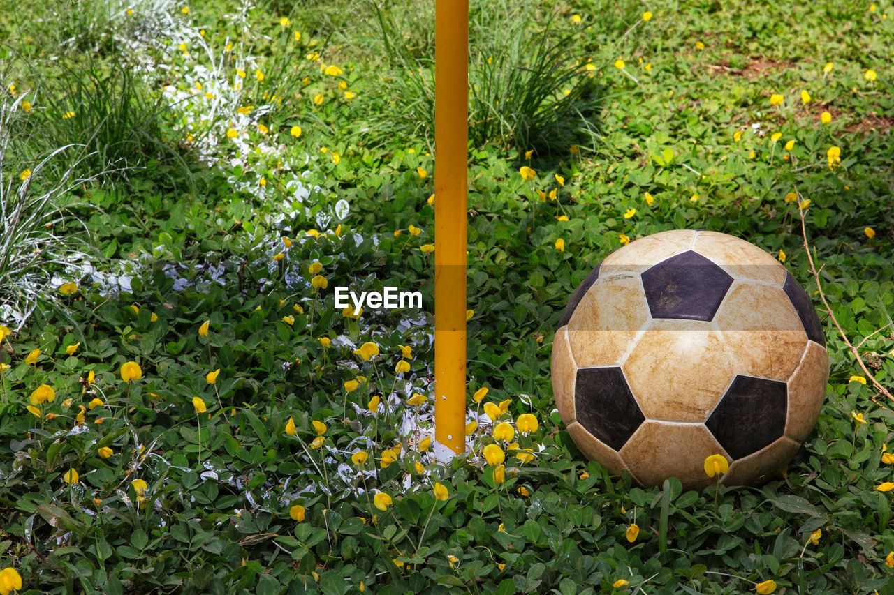 High angle view of soccer ball by pole on field