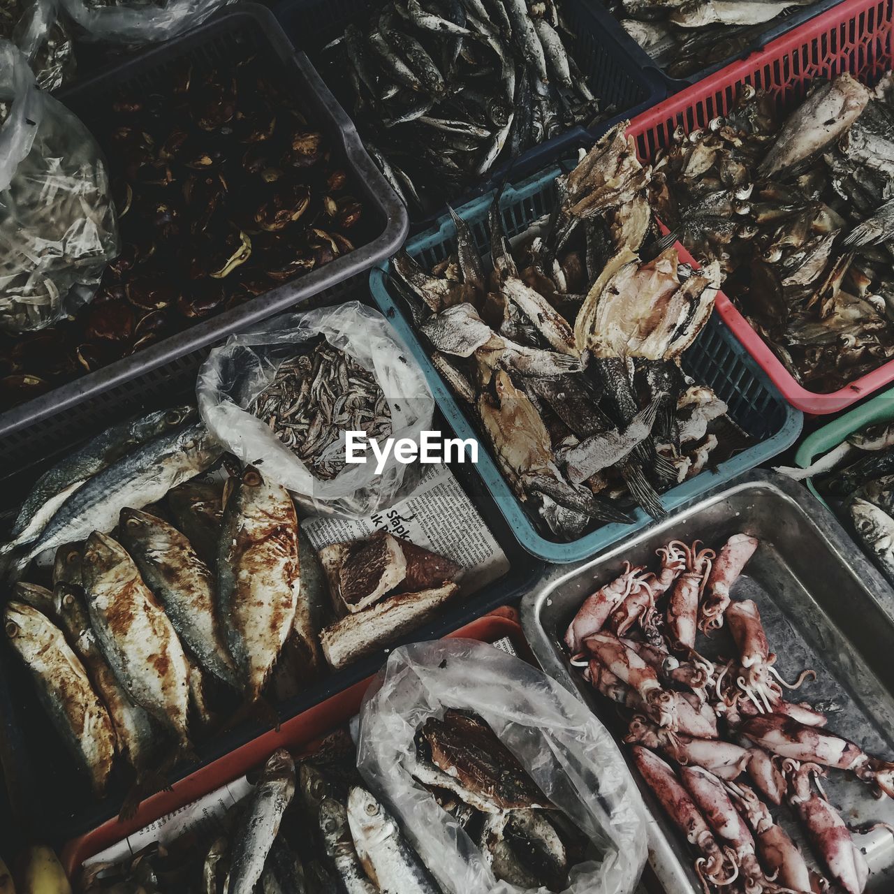 High angle view of fish for sale at market