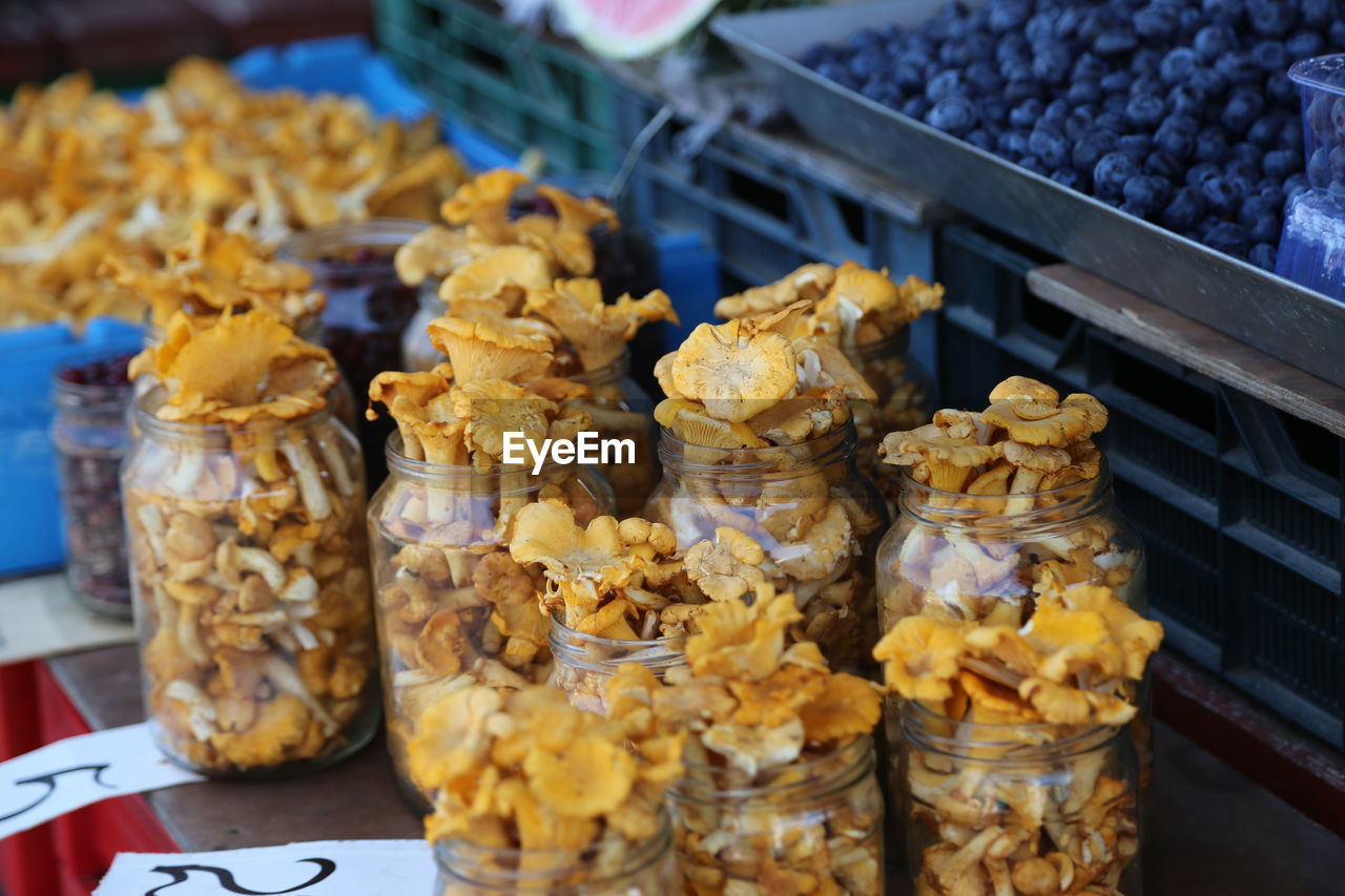 Close-up of  mushrooms on display at market 
