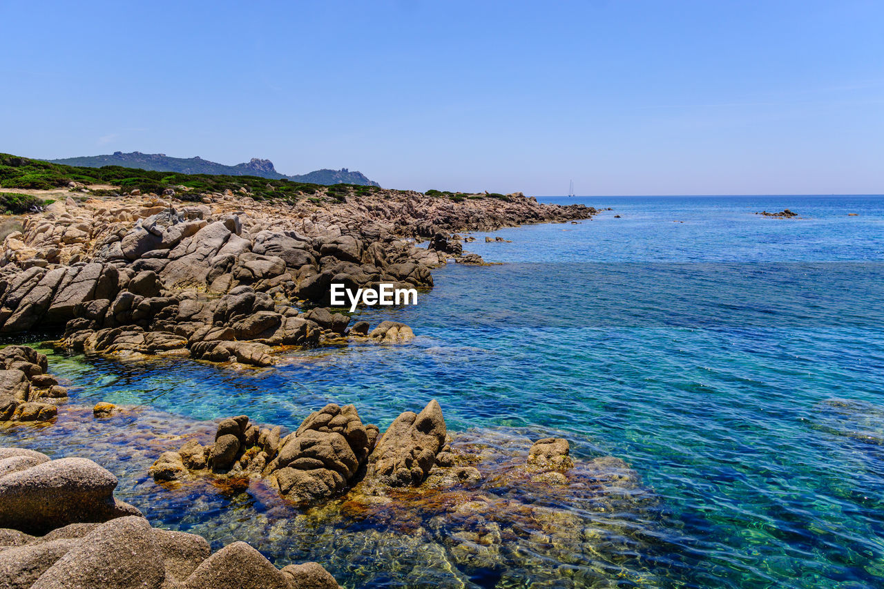 Scenic view of sea against clear blue sky