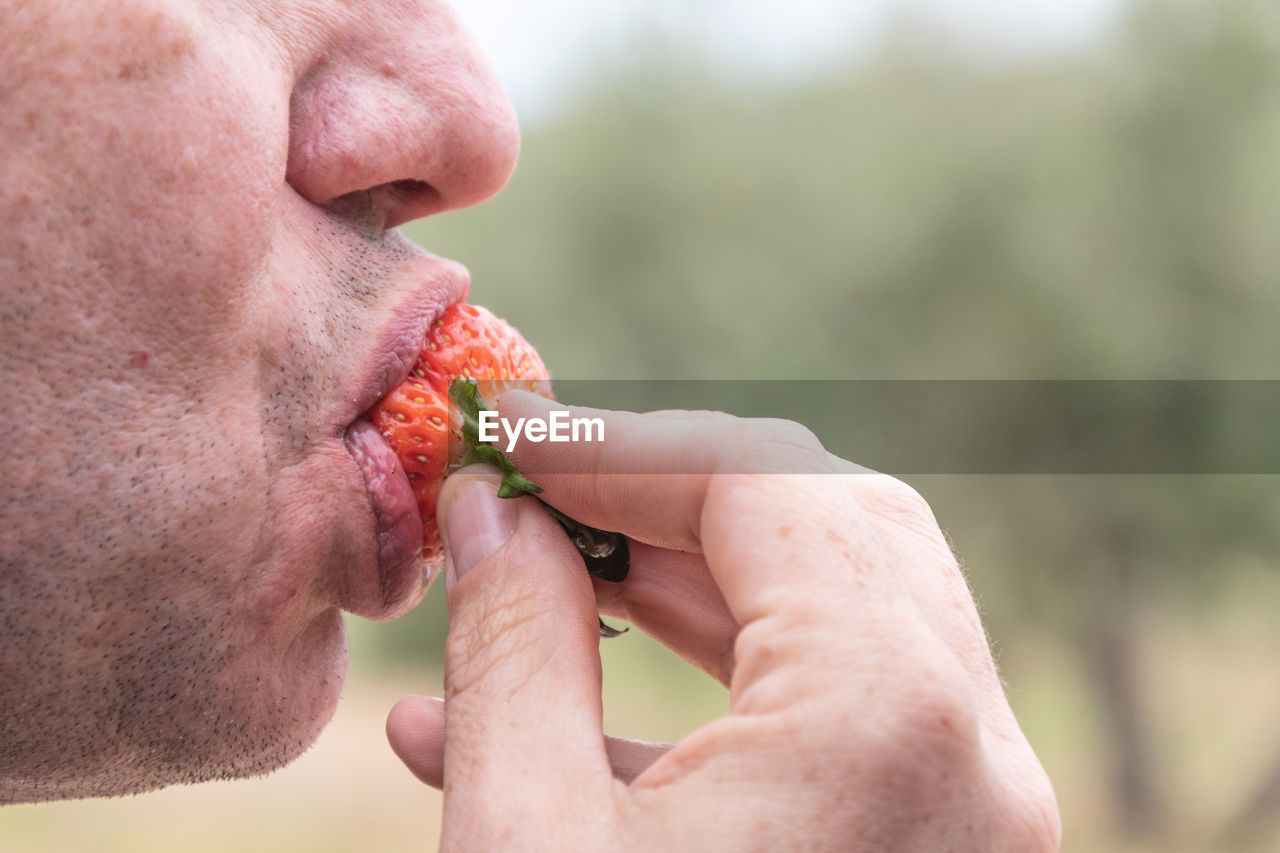 Close-up of man eating strawberry outdoors