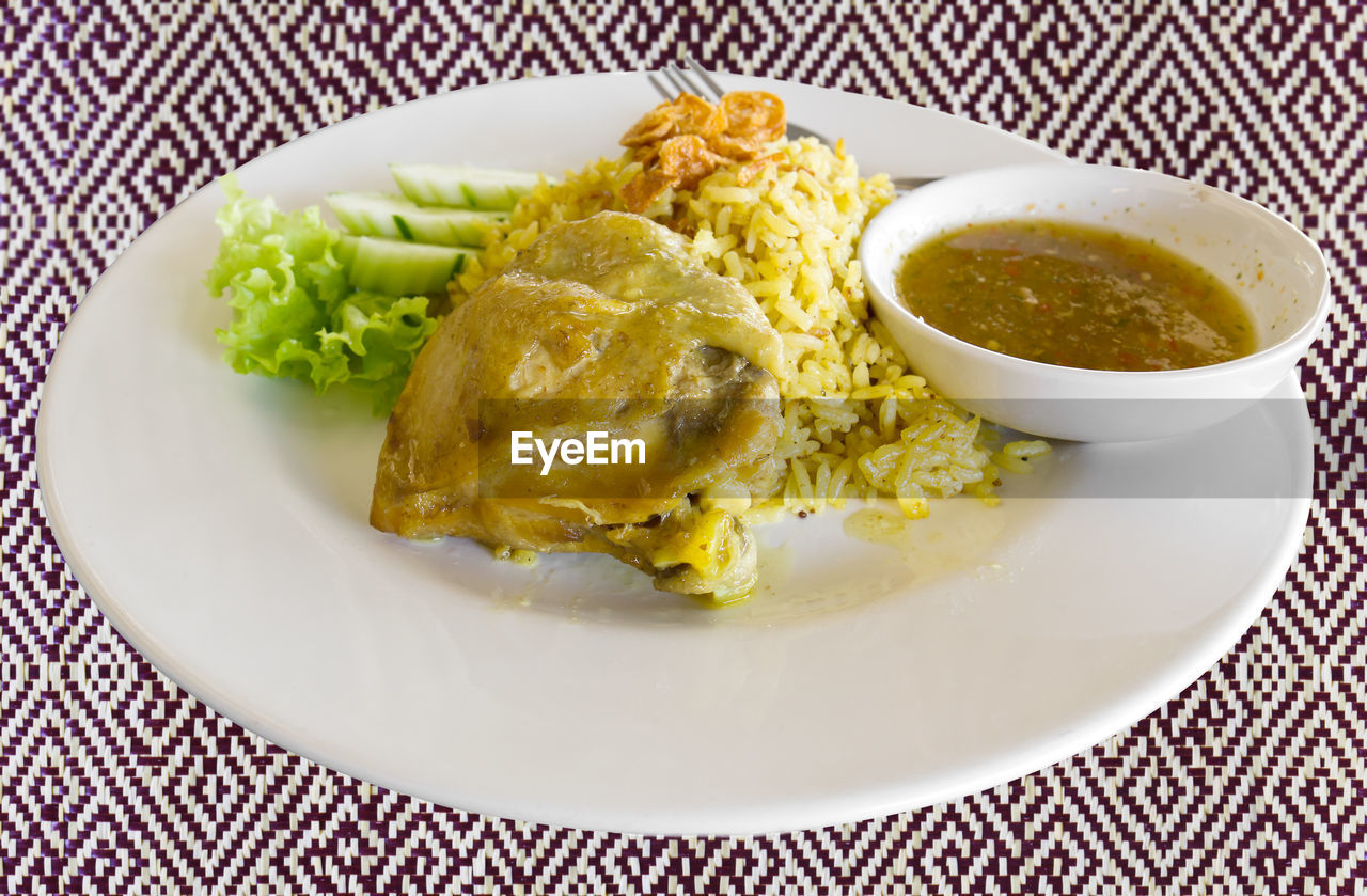 High angle view of breakfast served in plate