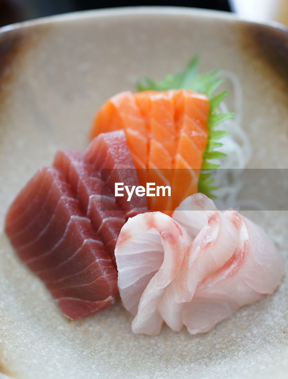 High angle view of sashimi served in plate