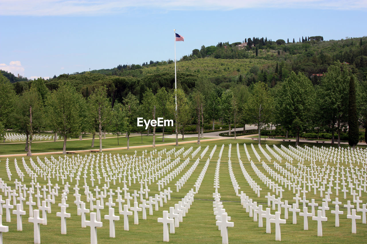 Usa military cemetery of second world war with crosses of dead soldiers resting in florence