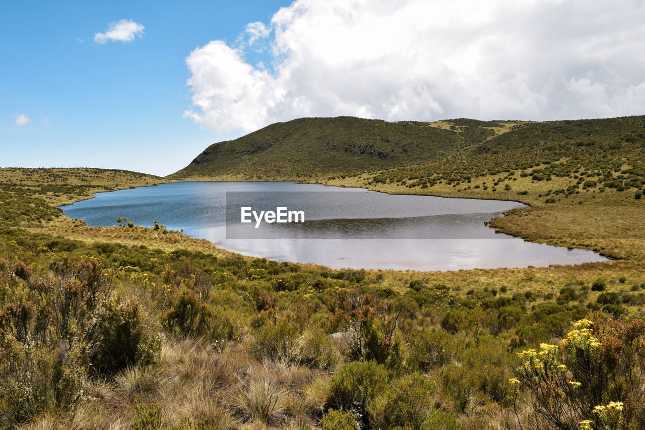 Lake against a panoramic mountain landscapes of mount kenya, lake ellis in mount kenya