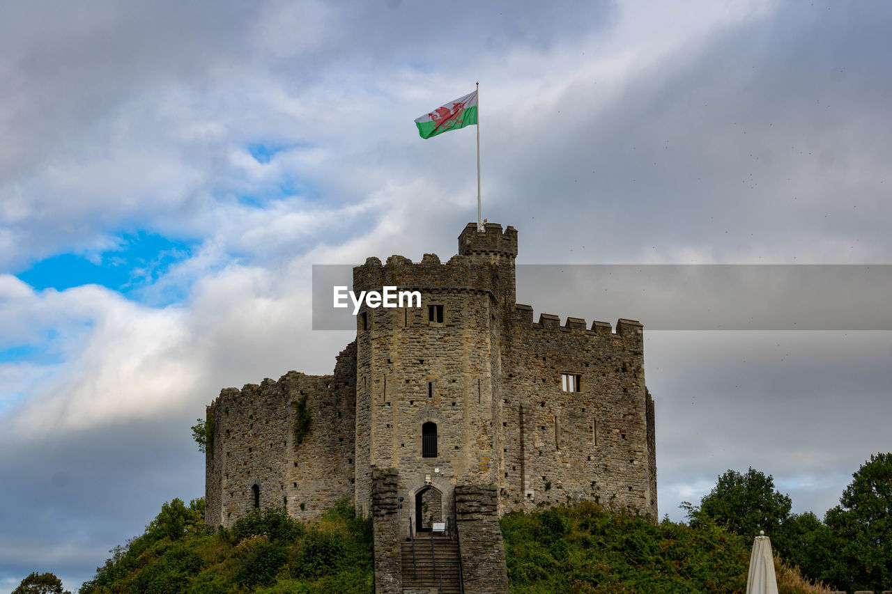 LOW ANGLE VIEW OF FLAG ON BUILDING AGAINST SKY