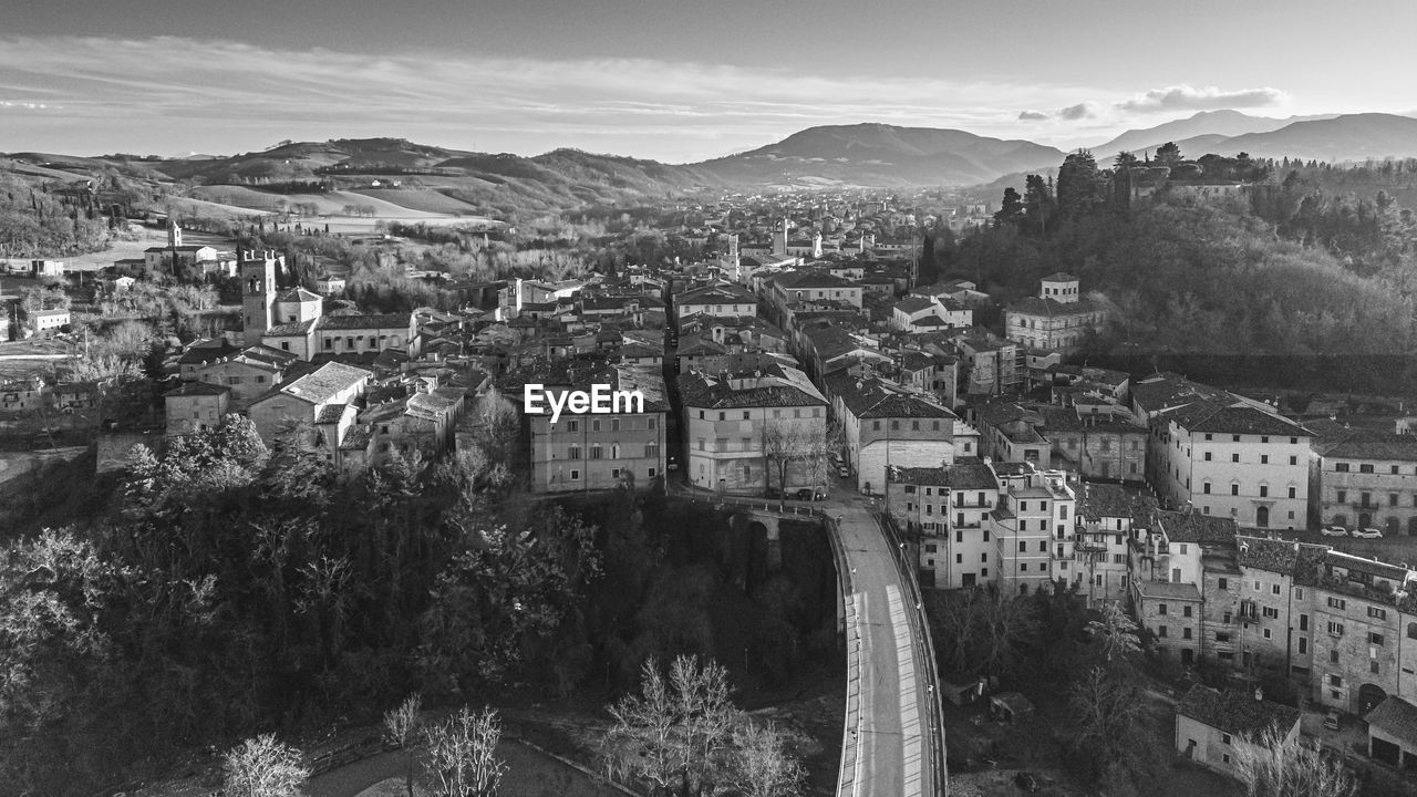 High angle view of townscape against sky