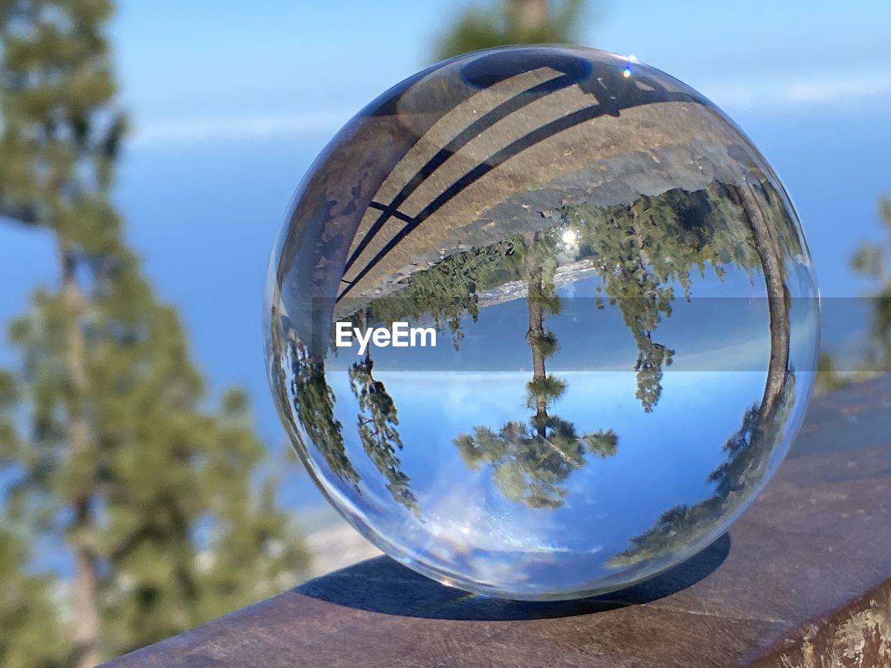 sphere, blue, reflection, nature, sky, globe - man made object, glass, shape, transparent, planet earth, tree, crystal ball, no people, water, day, close-up, focus on foreground, outdoors, geometric shape, environment, planet, space, plant, sunlight, circle, single object, land, ball, shiny, physical geography, cloud, landscape