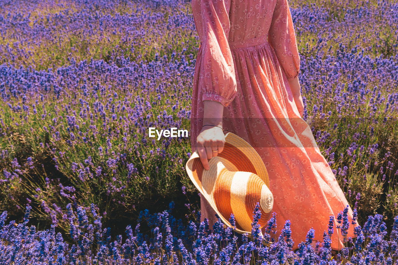 Low section of woman standing on lavender field