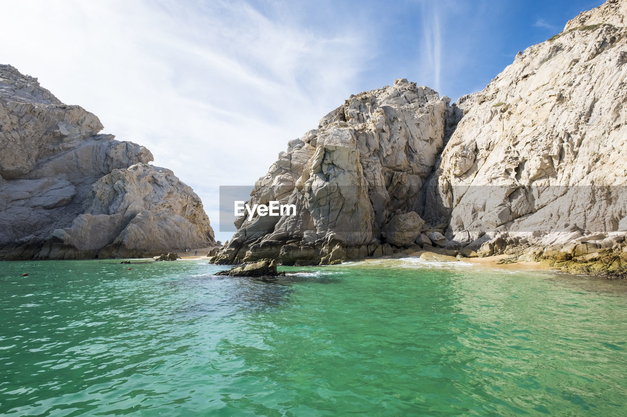 Scenic view of rocks in sea against sky