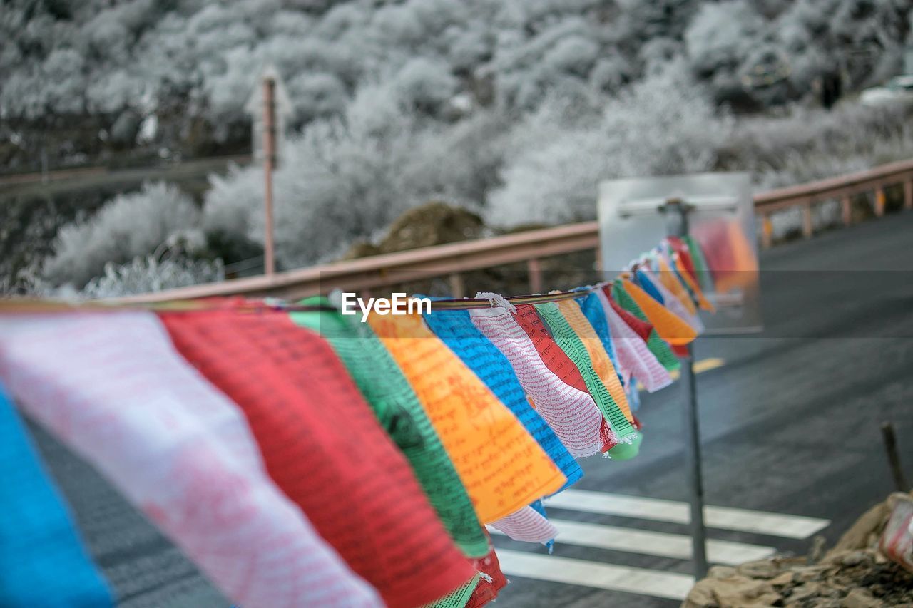 CLOSE-UP OF CLOTHESPINS HANGING ON RAILING