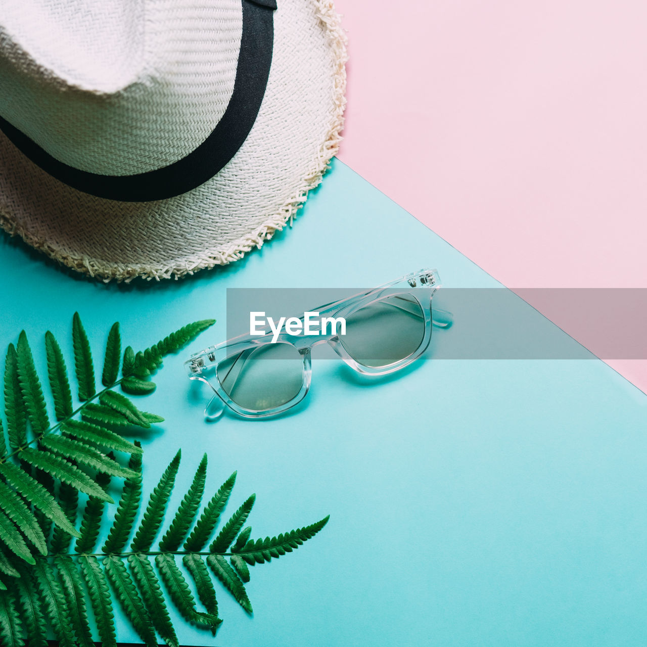 High angle view of sunglasses and ferns by hat on table