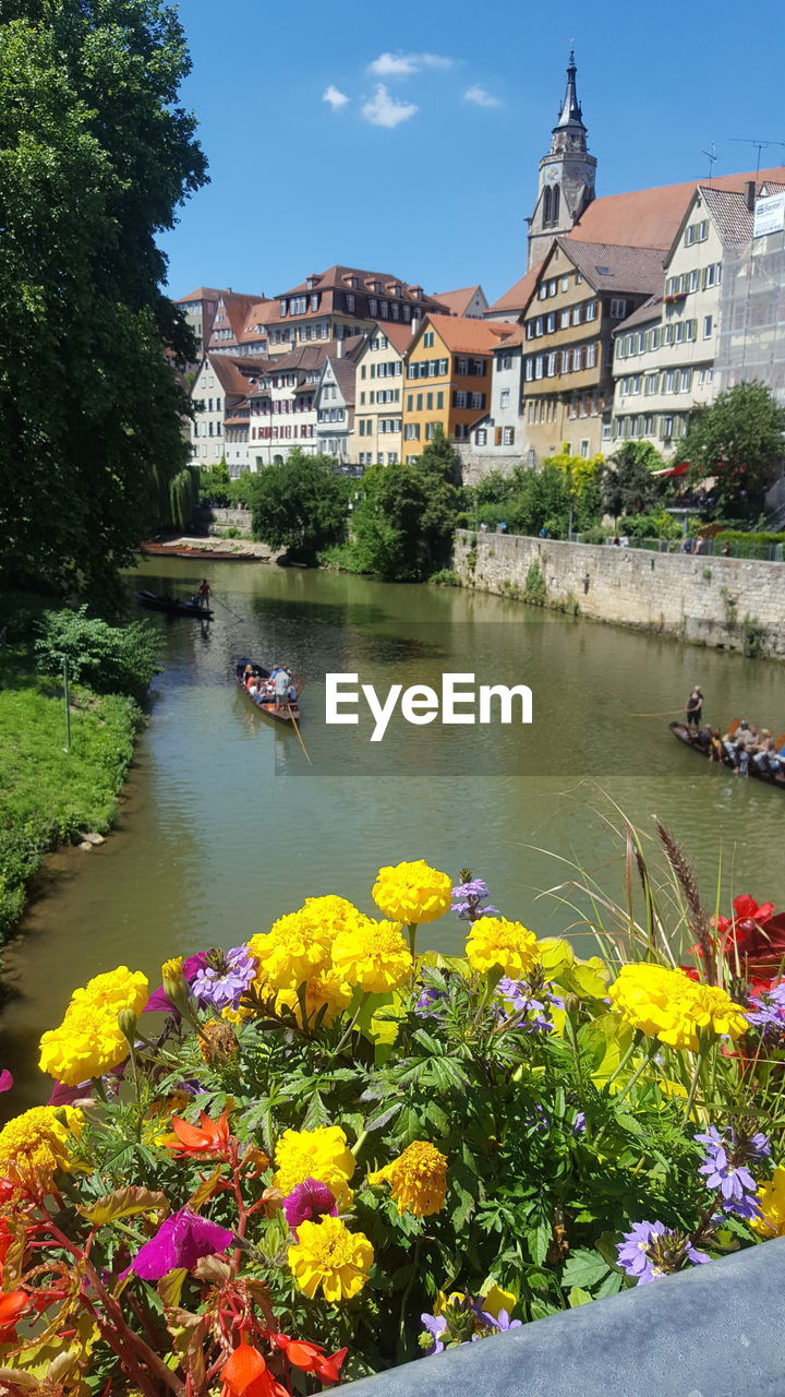 Scenic view of river by buildings in city