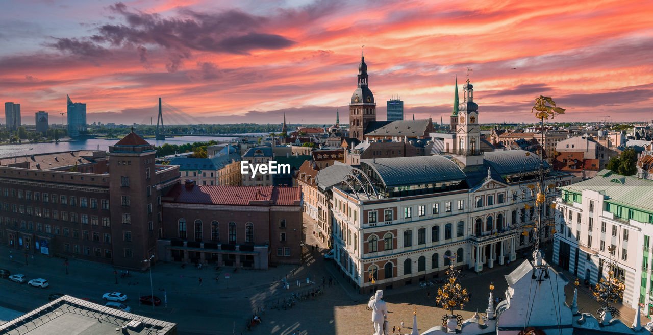 Establishing aerial bird eye view shot of riga, riga skyline, latvia.