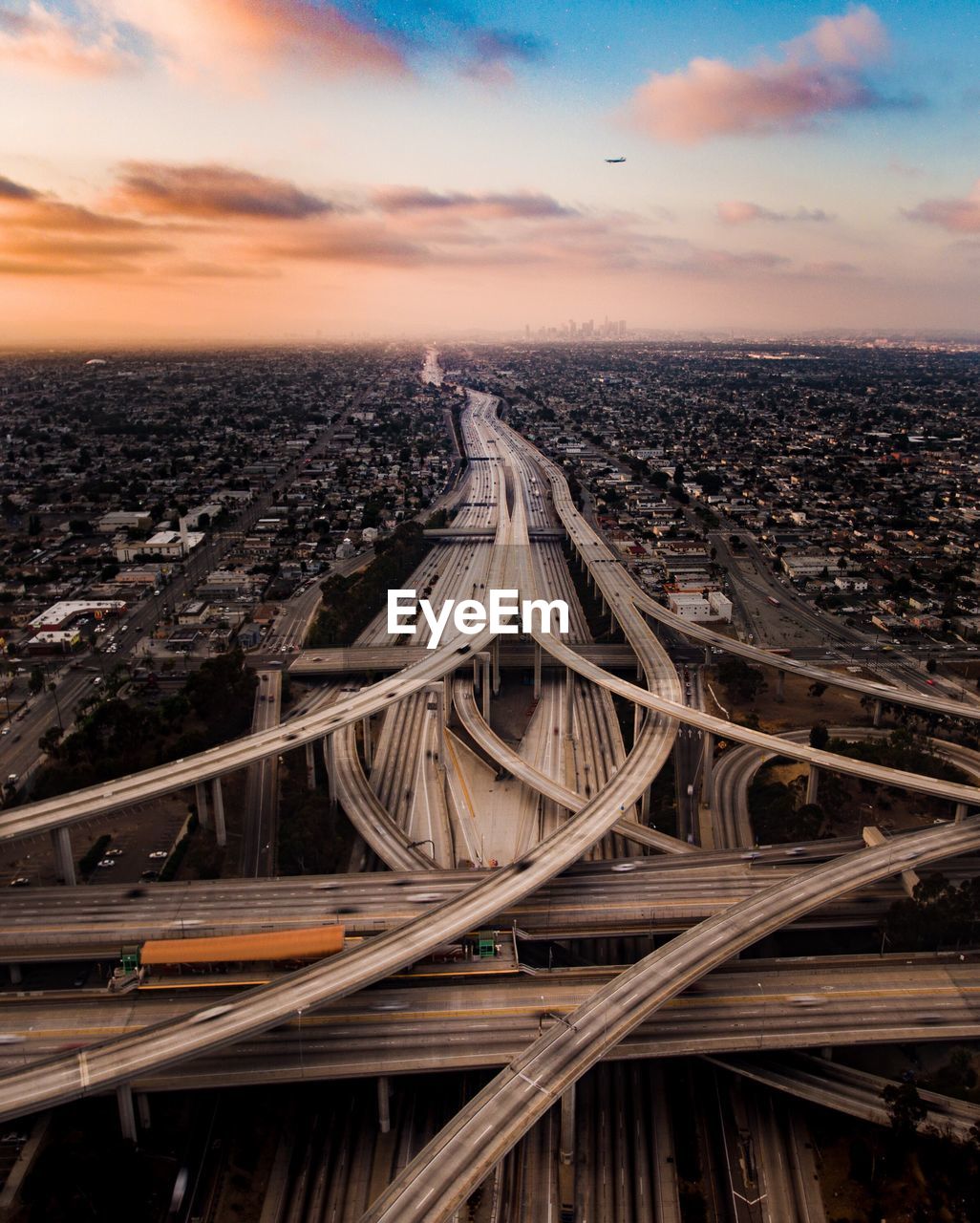 High angle view of multiple lane highways in los angeles