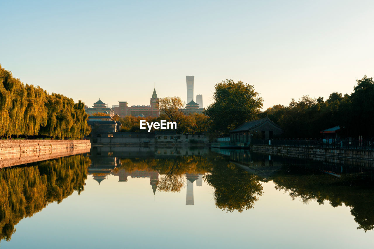 Reflection of trees in river against clear sky