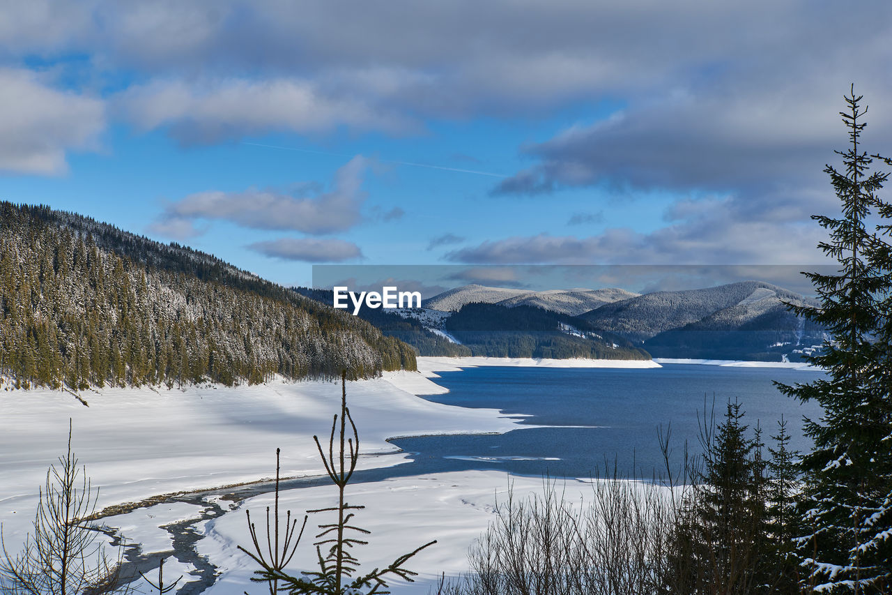 Scenic view of lake by snowcapped mountains against sky