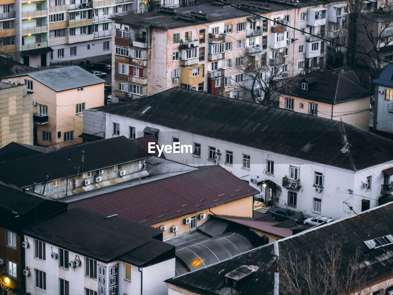 High angle view of buildings in town