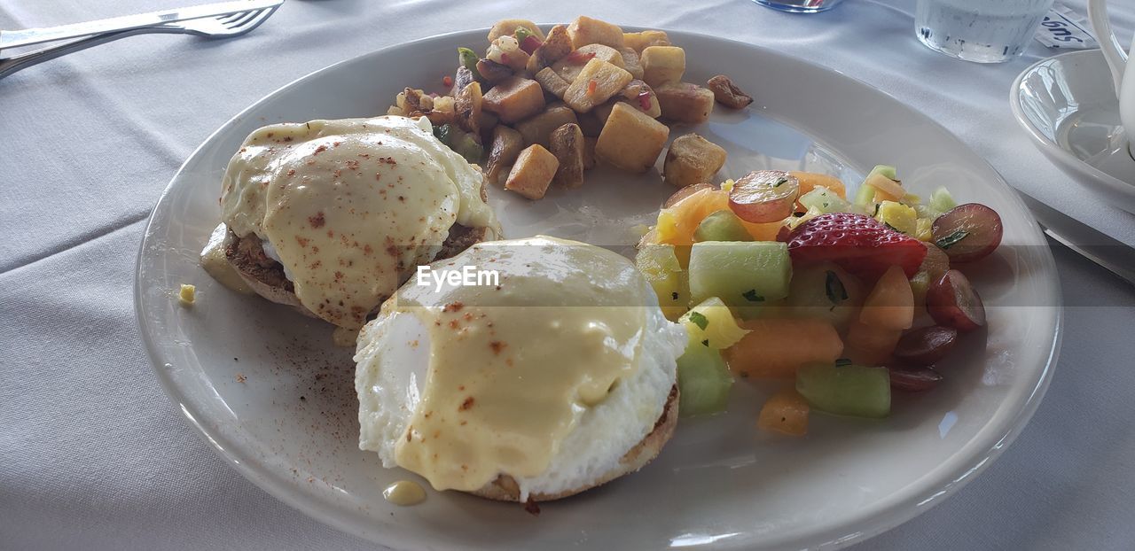 HIGH ANGLE VIEW OF BREAKFAST IN PLATE