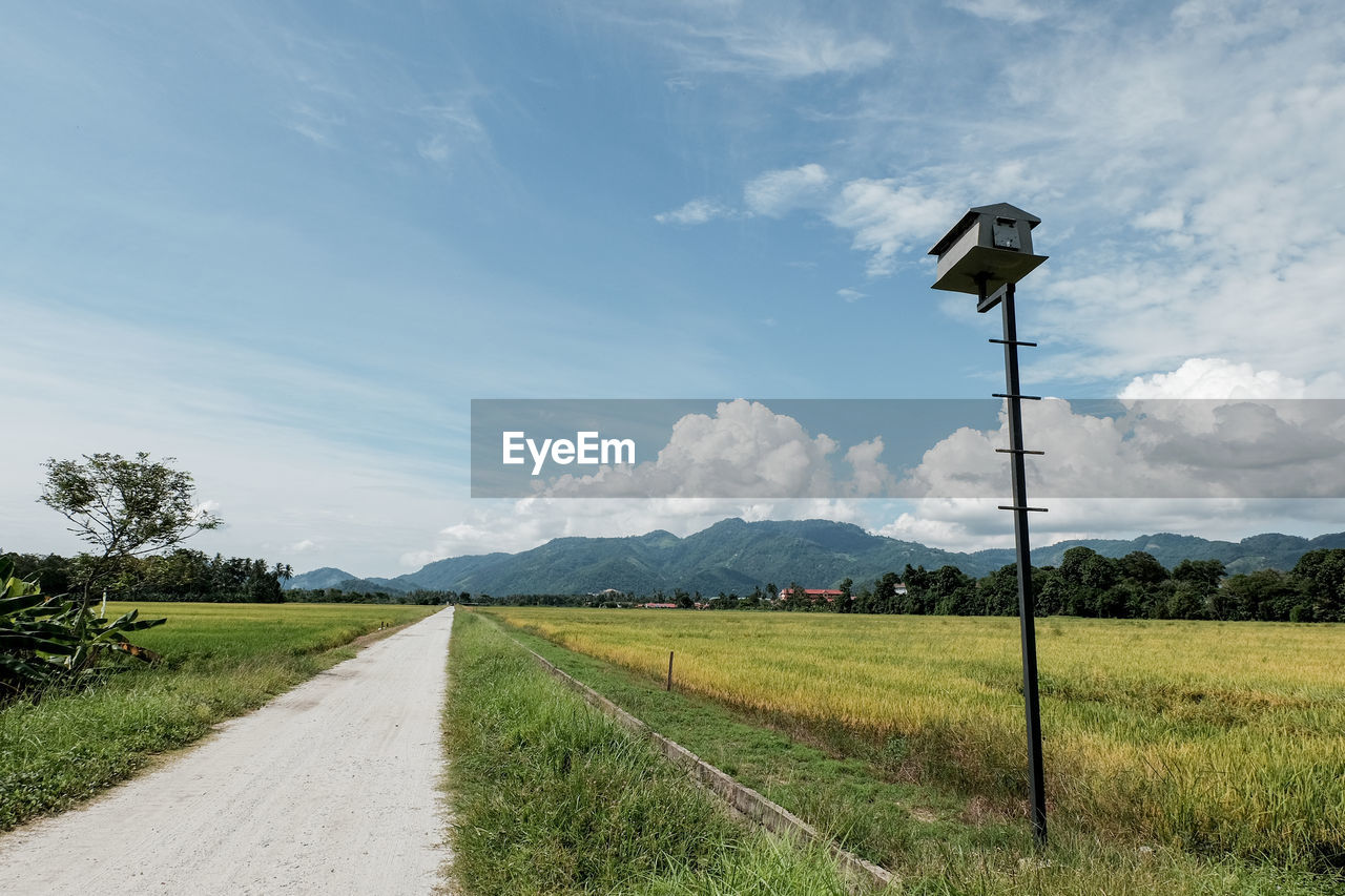 Road amidst field against sky