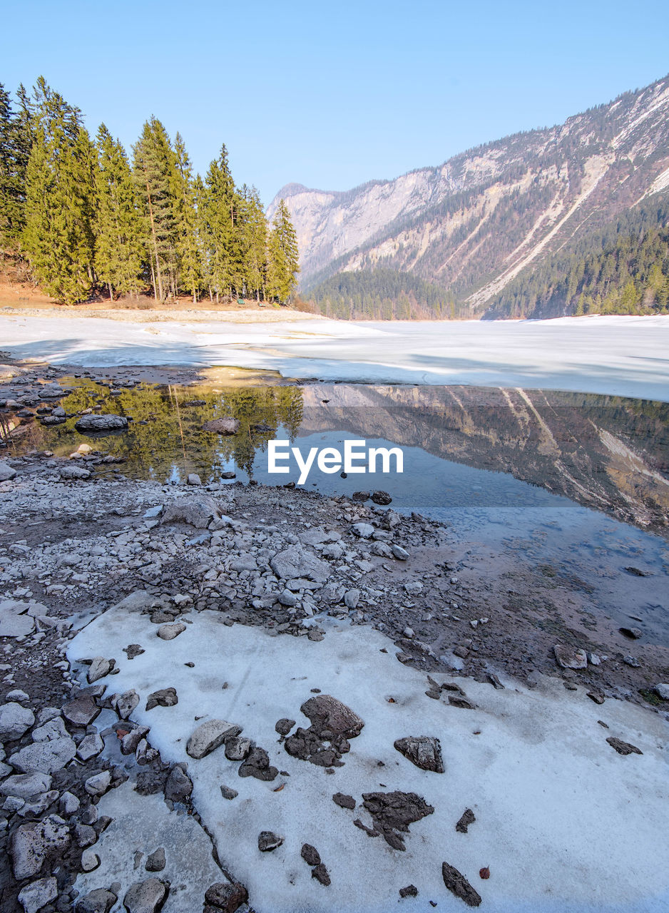 Scenic view of lake against clear sky