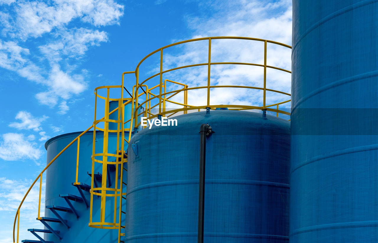 Closeup fuel storage tank in petroleum refinery. blue big tank of oil storage. fuel silo. 