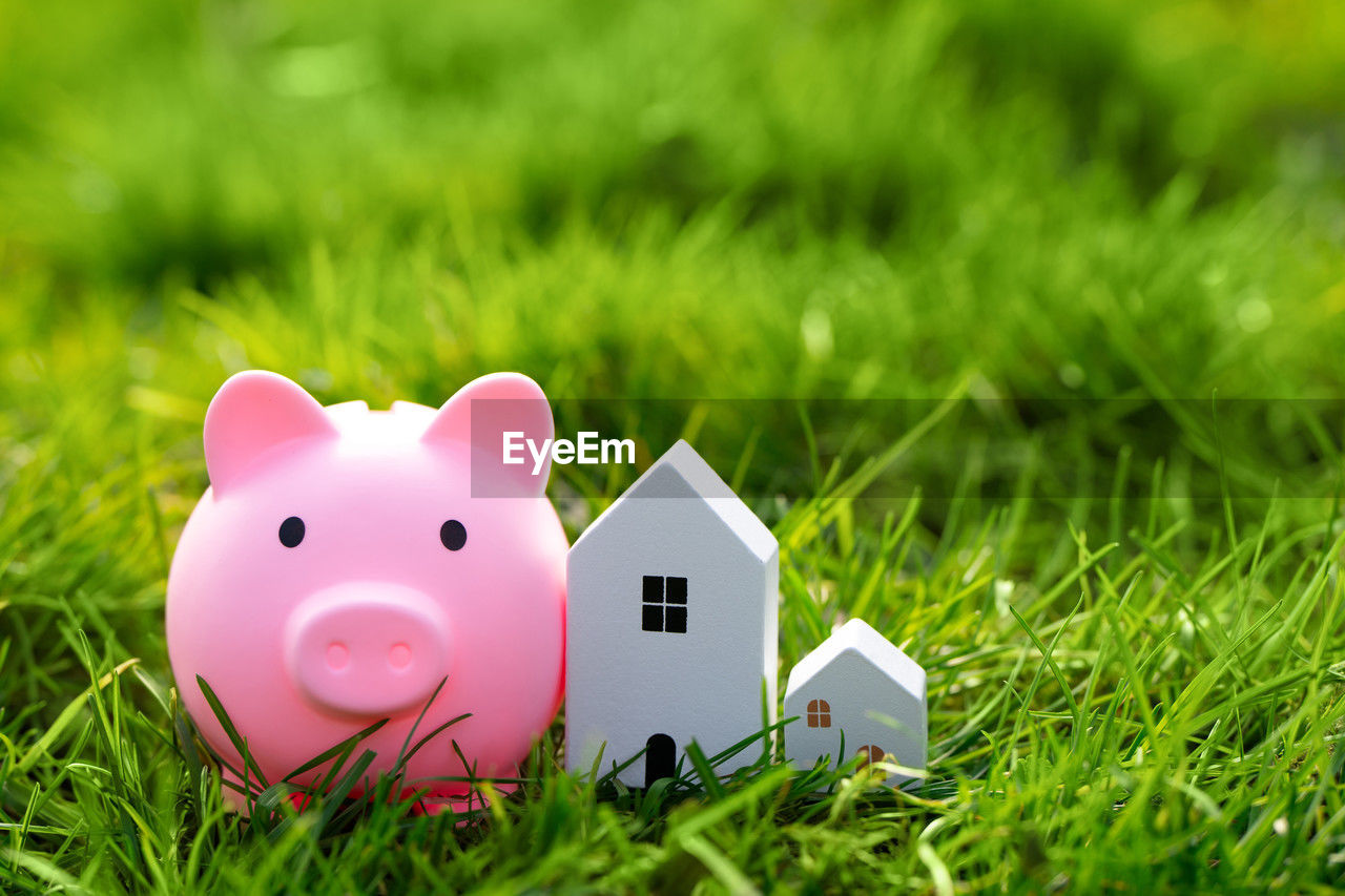 Wooden houses and piggy bank stands outdoors in a green grass. real estate and investments 