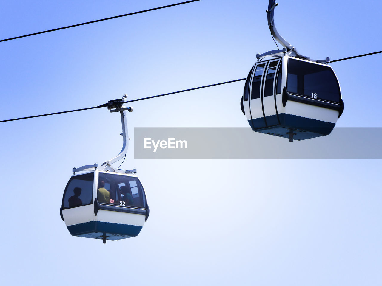 Low angle view of cable car against clear blue sky