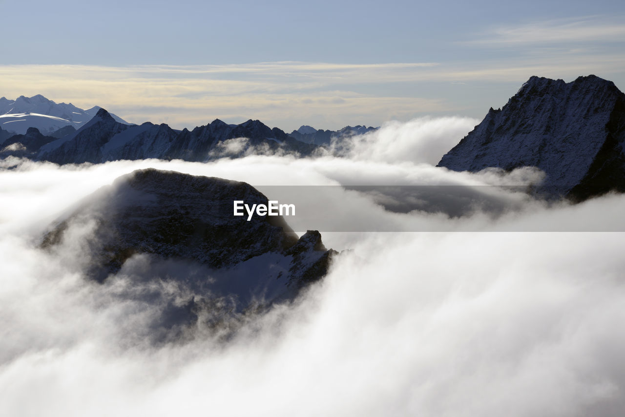 Scenic view of snow covered mountains against sky