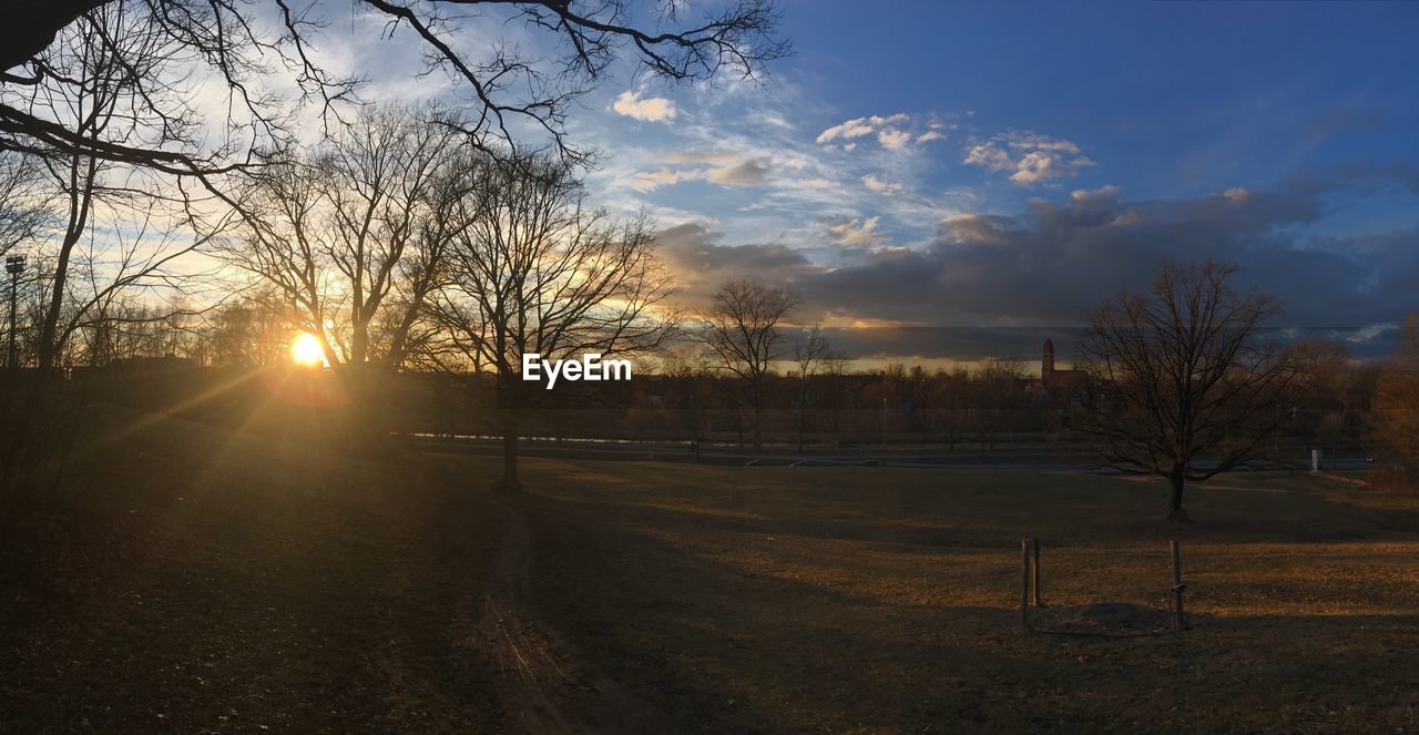 BARE TREES ON LANDSCAPE AGAINST SUNSET SKY