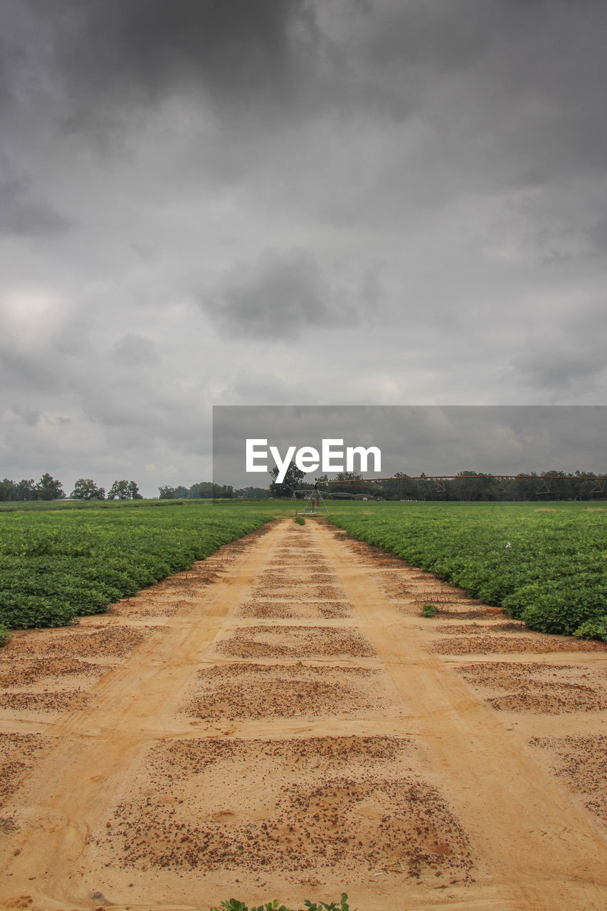 Road passing through field against cloudy sky