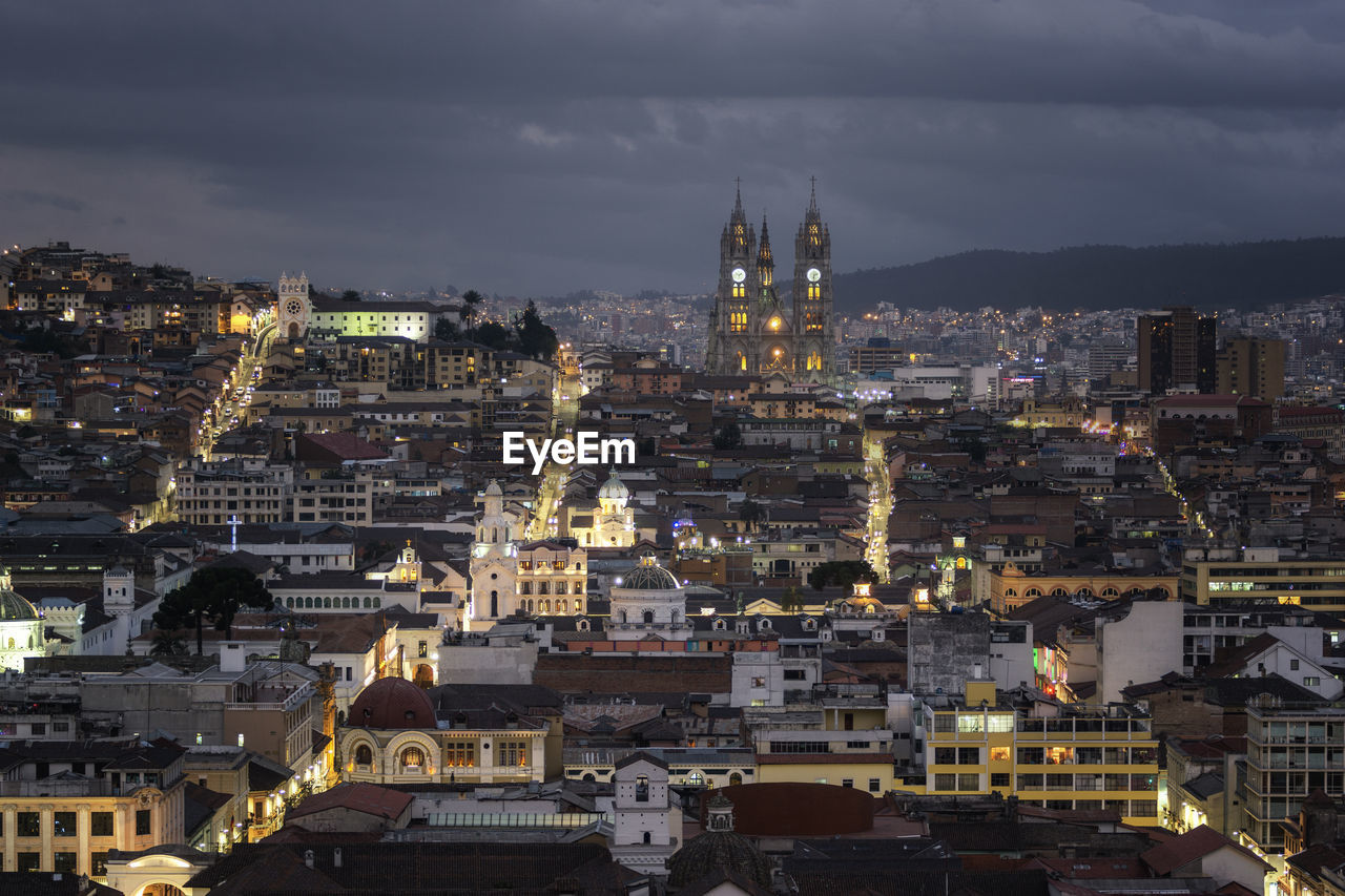 High angle view of illuminated city at night