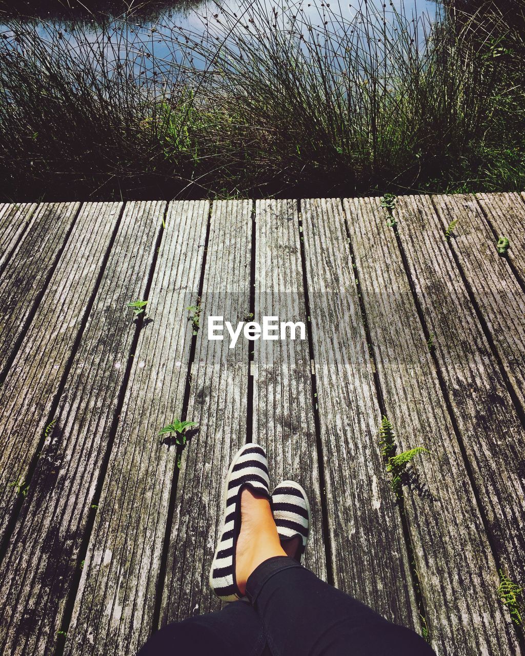 Low section of person on pier against lake