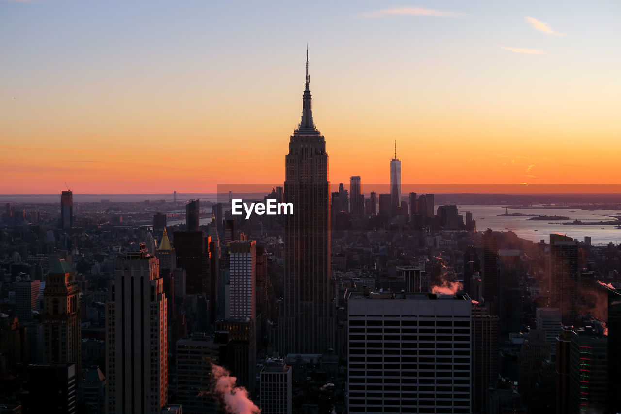 Skyscrapers in new york city at sunset