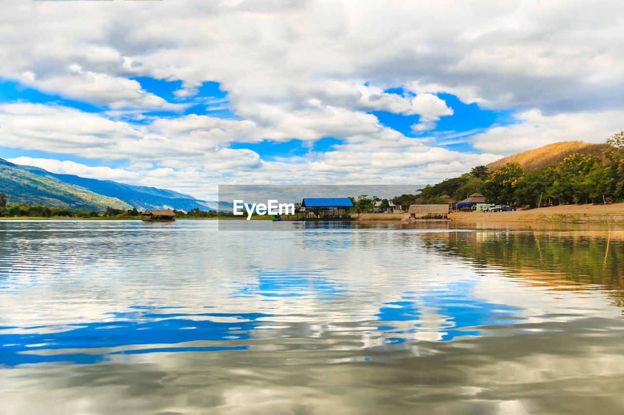 Scenic view of lake against cloudy sky