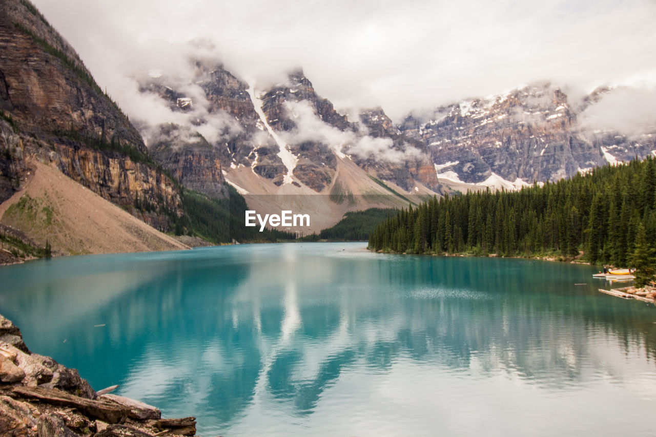 Scenic view of lake and mountains against sky