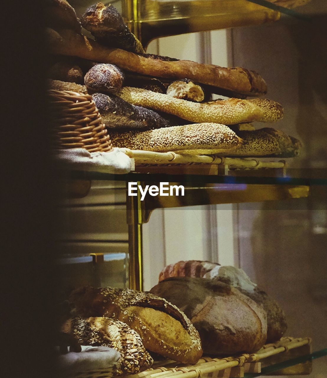 Breads on shelves at bakery
