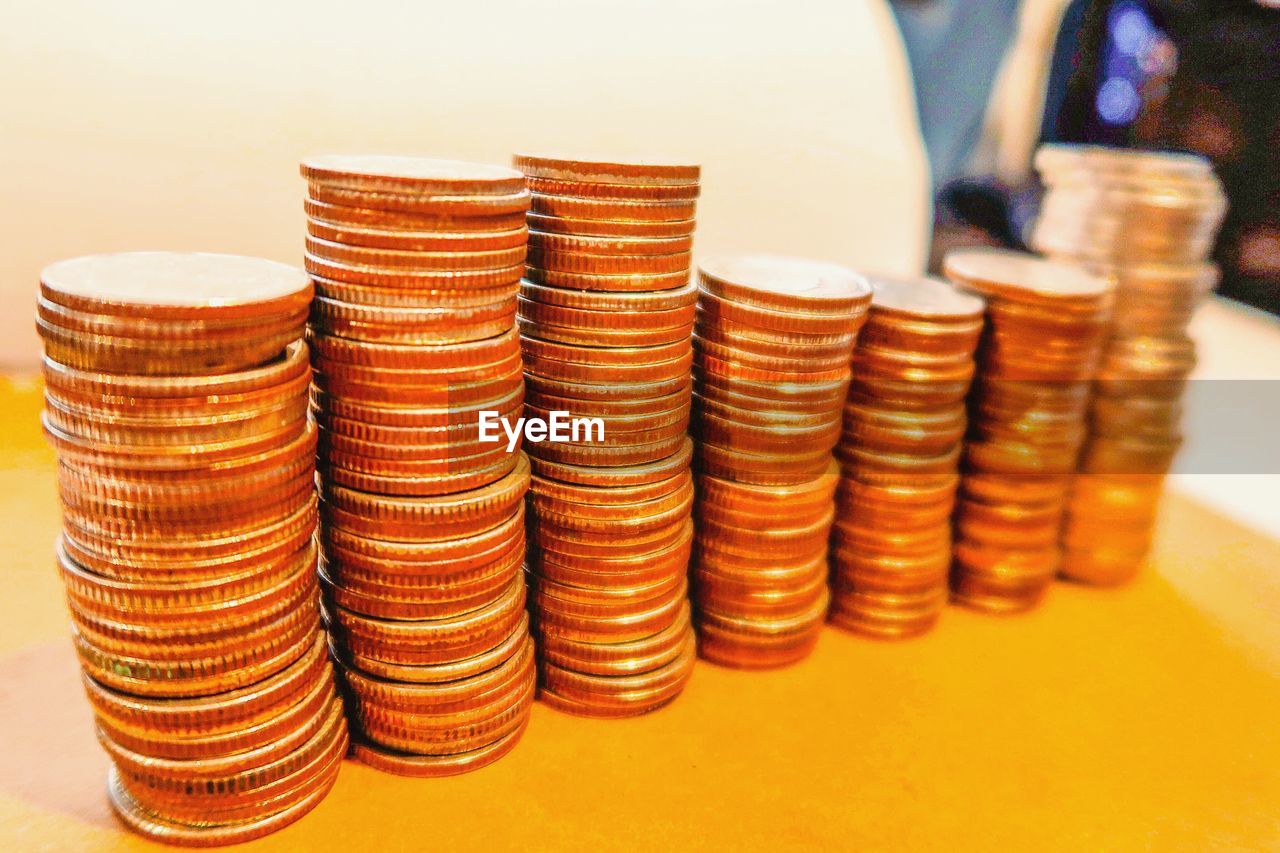 Close-up of stack of objects on table