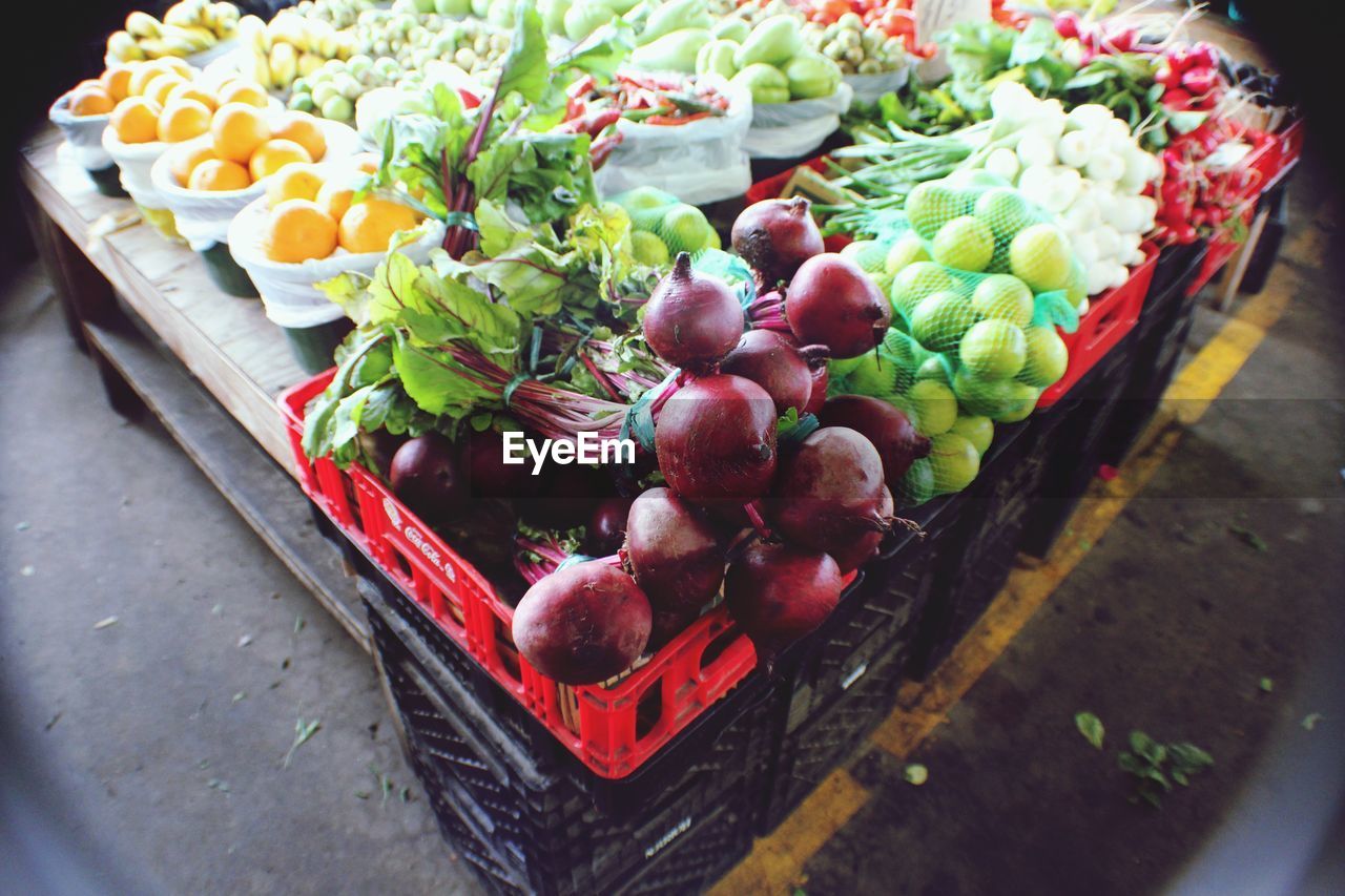 High angle view of fresh organic food at market stall