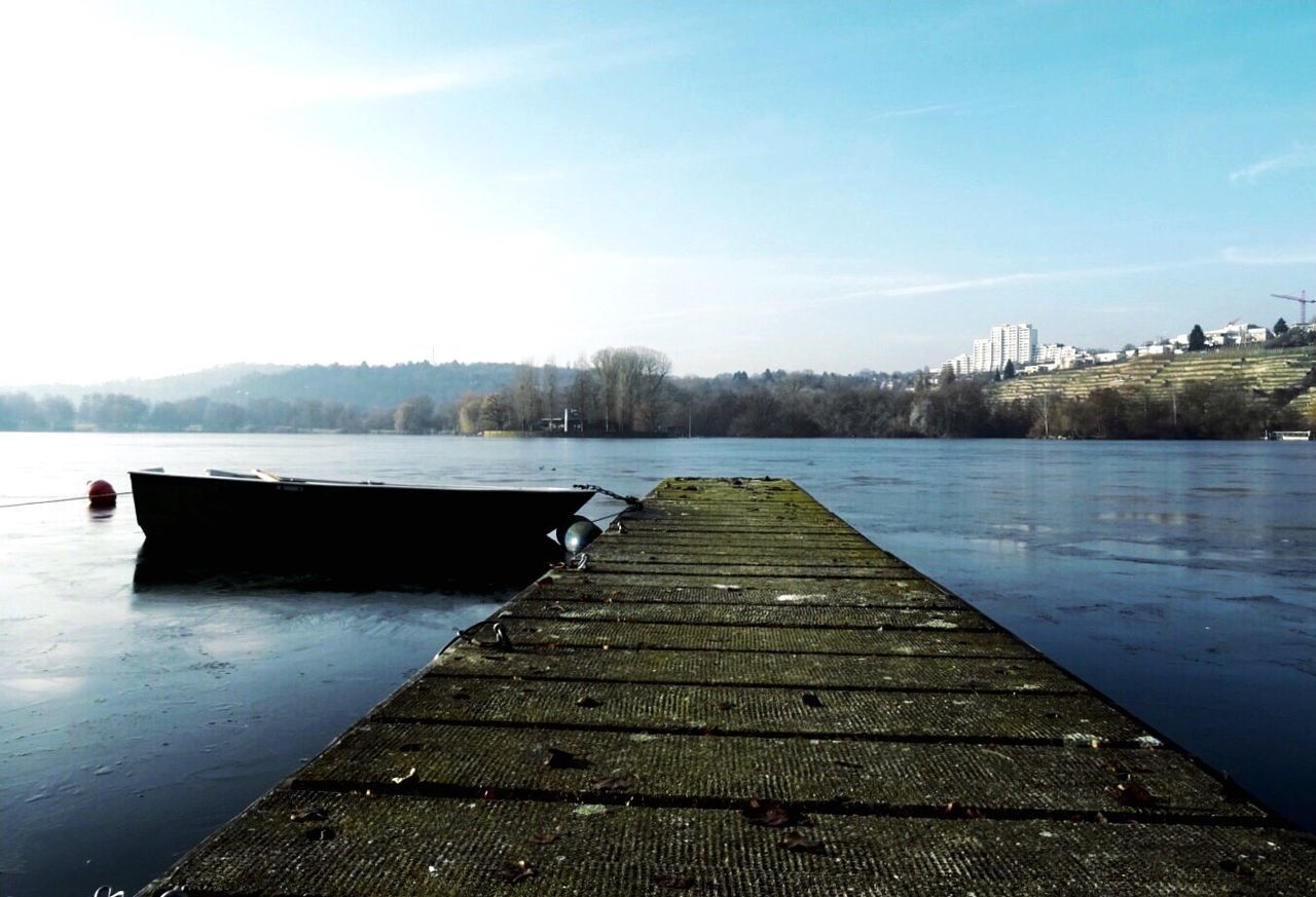 PIER AMIDST LAKE AGAINST SKY