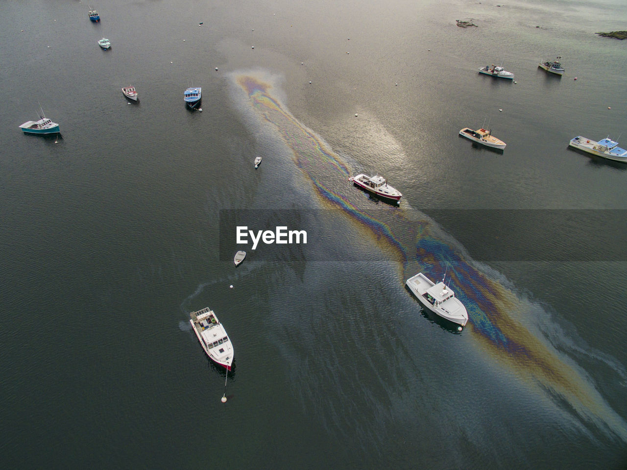 Lobster boats in a maine harbor from above