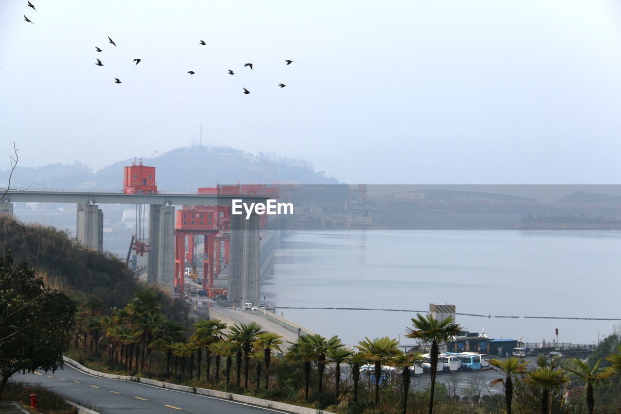 BIRDS FLYING OVER SEA BY MOUNTAIN AGAINST SKY