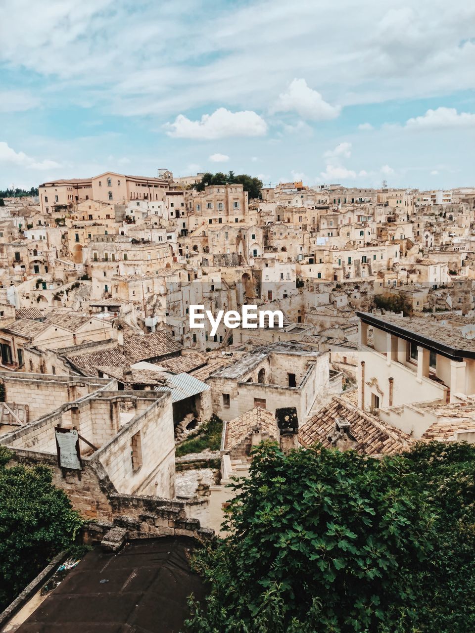 High angle view of old buildings in town