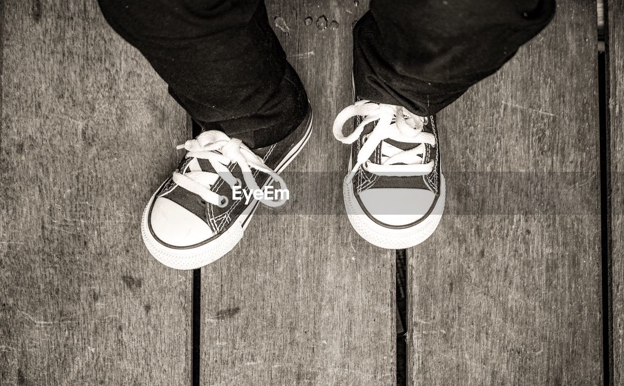 Low section of person wearing shoes standing on pier