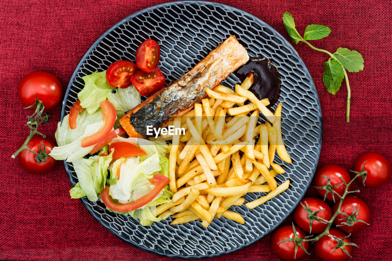 Directly above shot of food in plate on table